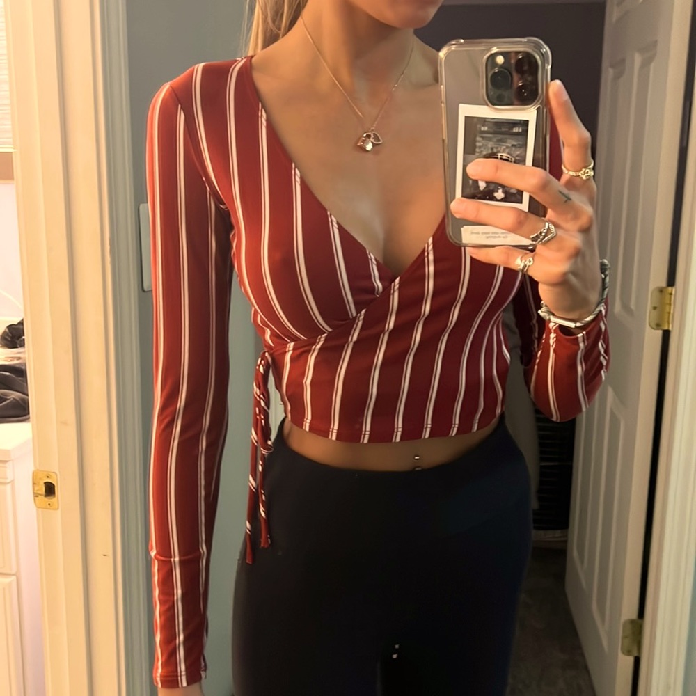red with white stripes, super soft and stretchy fabric, cross cross tie front